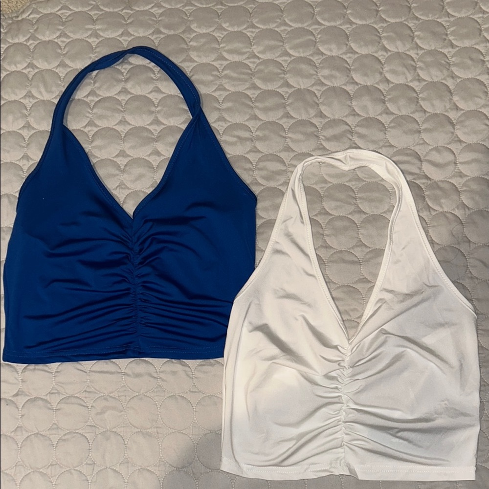 Blue and White Halter Crop Tops